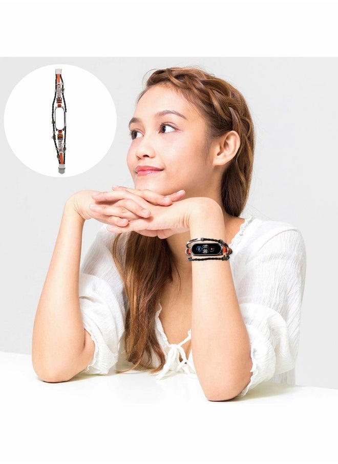 Wrist Strap for Mi Band 5, PU Leather Band with Lightweight Metal Frame DIY Handmade Beaded Retro Ethnic Style Watchband,Replacement Watch Strap with Case for Women Men