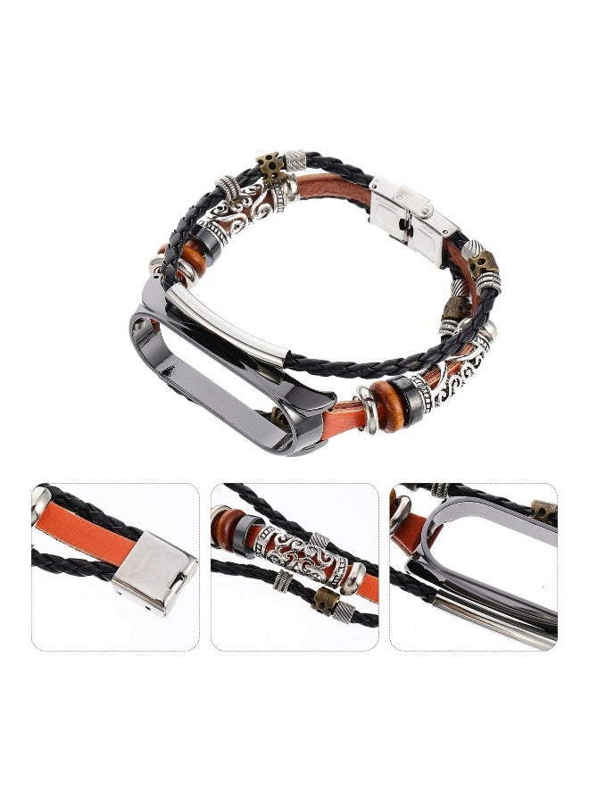 Wrist Strap for Mi Band 5, PU Leather Band with Lightweight Metal Frame DIY Handmade Beaded Retro Ethnic Style Watchband,Replacement Watch Strap with Case for Women Men