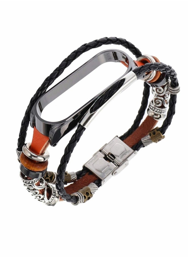 Wrist Strap for Mi Band 5, PU Leather Band with Lightweight Metal Frame DIY Handmade Beaded Retro Ethnic Style Watchband,Replacement Watch Strap with Case for Women Men