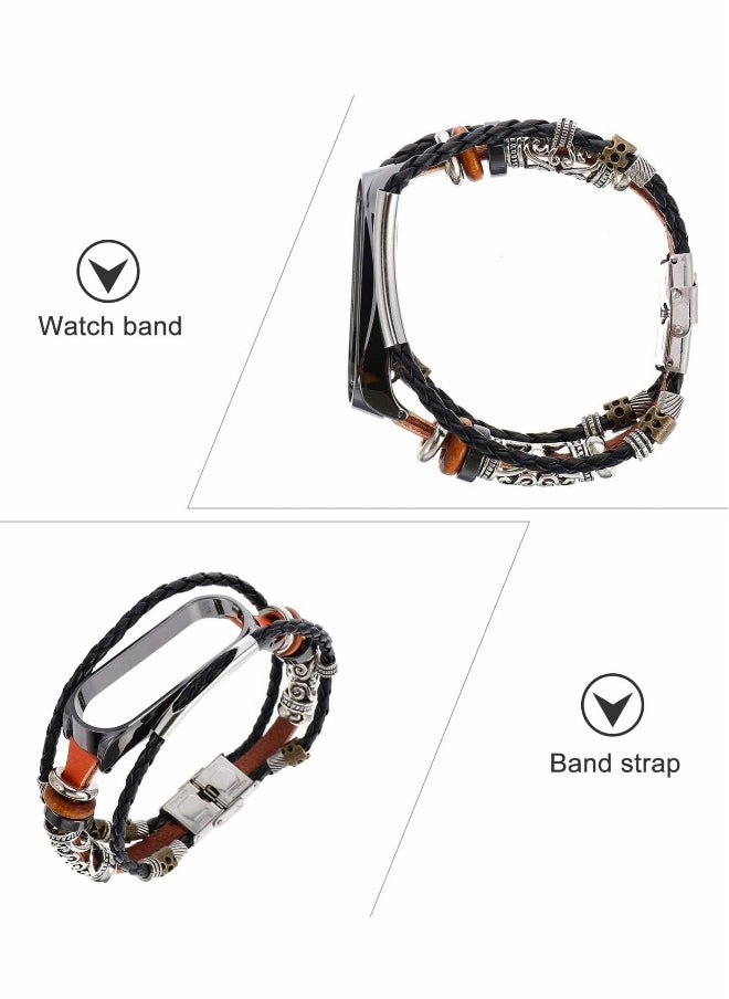 Wrist Strap for Mi Band 5, PU Leather Band with Lightweight Metal Frame DIY Handmade Beaded Retro Ethnic Style Watchband,Replacement Watch Strap with Case for Women Men