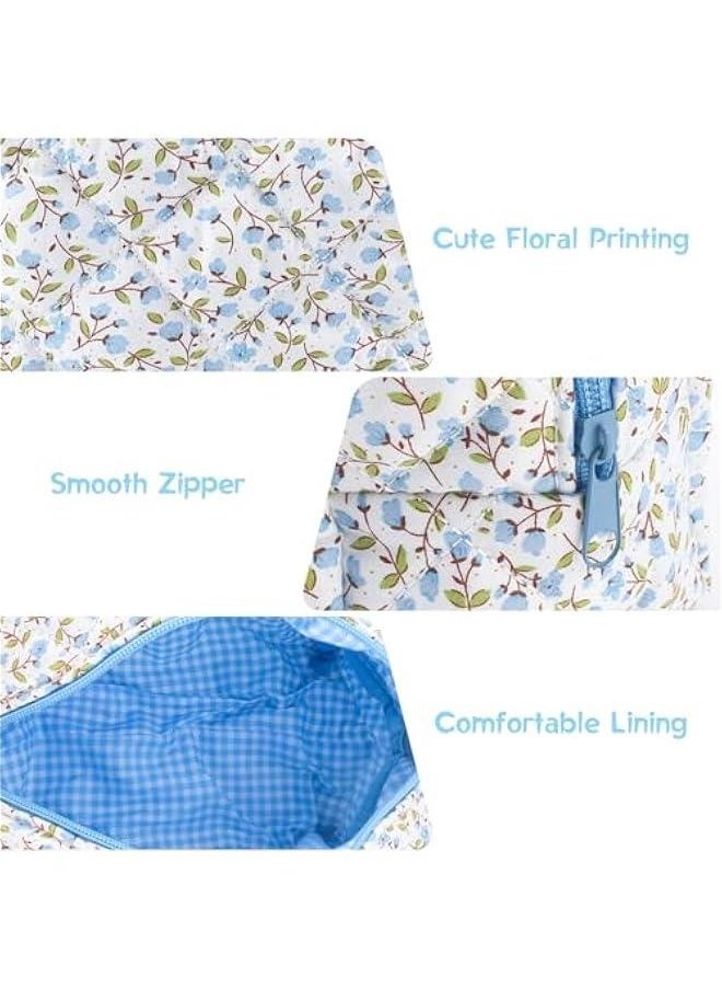 Cotton Quilted Makeup Bag Floral Large Cosmetic Bag Puffy Cute Travel Makeup Organizer Coquette Toiletry Makeup Pouch Aesthetic Portable Zipper Storage Bag for Women Girls (Blue)