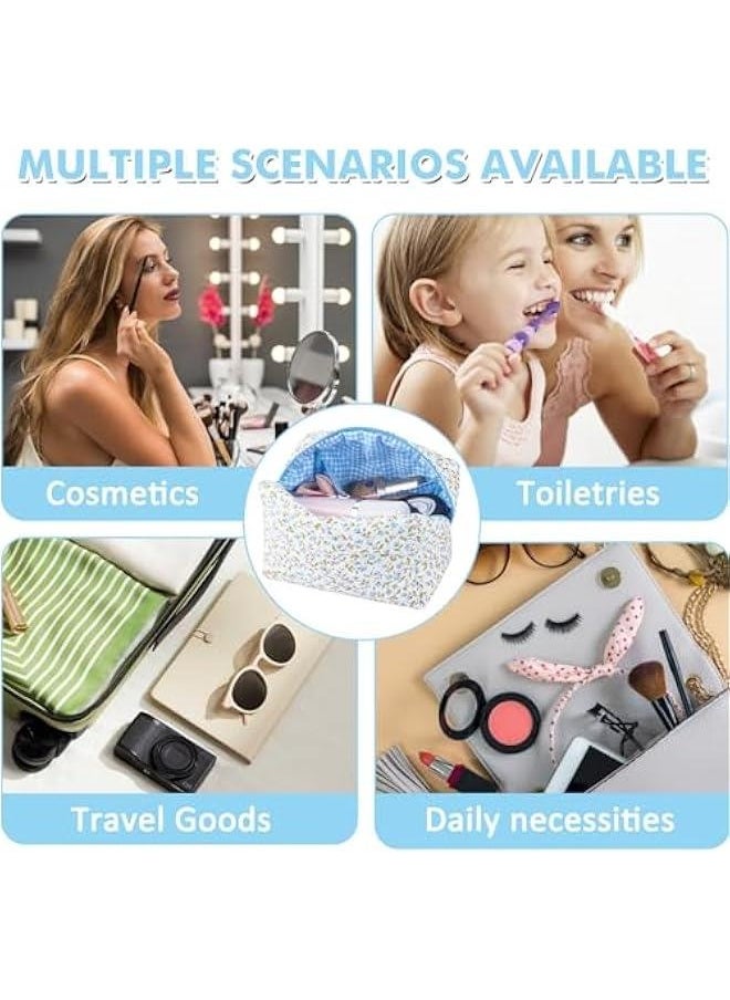 Cotton Quilted Makeup Bag Floral Large Cosmetic Bag Puffy Cute Travel Makeup Organizer Coquette Toiletry Makeup Pouch Aesthetic Portable Zipper Storage Bag for Women Girls (Blue)