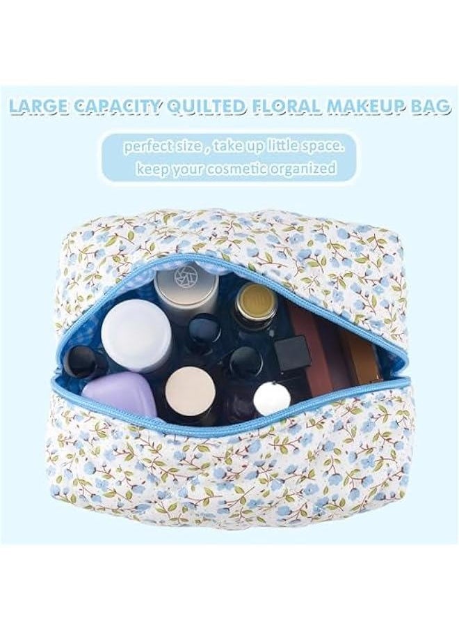 Cotton Quilted Makeup Bag Floral Large Cosmetic Bag Puffy Cute Travel Makeup Organizer Coquette Toiletry Makeup Pouch Aesthetic Portable Zipper Storage Bag for Women Girls (Blue)