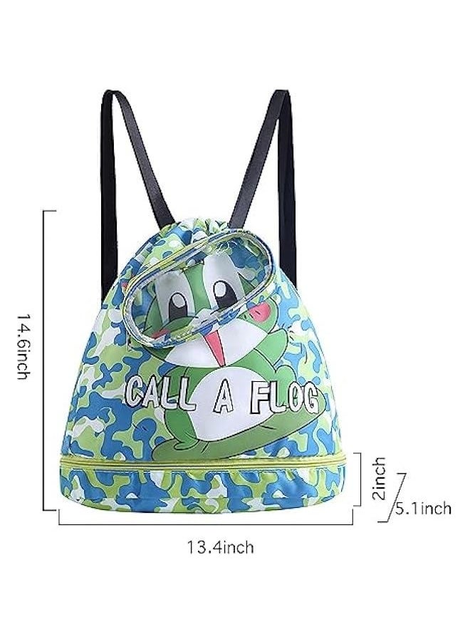 Green Frog Swim Bags for Swimmers Dry Wet Separated Drawstring Gym Swim Bag Waterproof Beach Backpack for Women Men Camping Hiking Shopping Swimming Dance Travel With Shoe Compartments