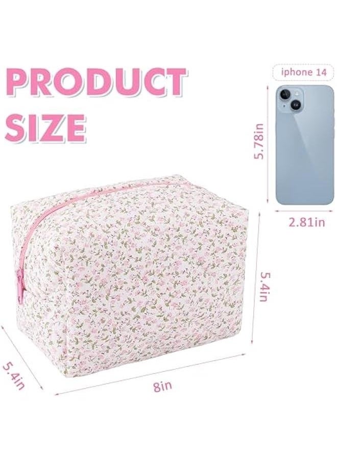Quilted Makeup Bag Floral Large Cute Cosmetic Bag Cotton Puffy Makeup Organizer Coquette Travel Makeup Pouch Aesthetic Portable Zipper Toiletry Storage Bag for Women Girls (Pink)