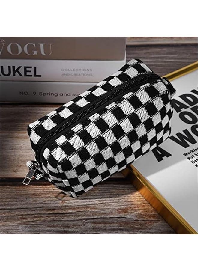Makeup Bag Checkered Cosmetic Bag Black Makeup Pouch 1Pcs Large Capacity Makeup Bags and 1Pcs Makeup Brushes Storage Bag Travel Toiletry Bag Organizer