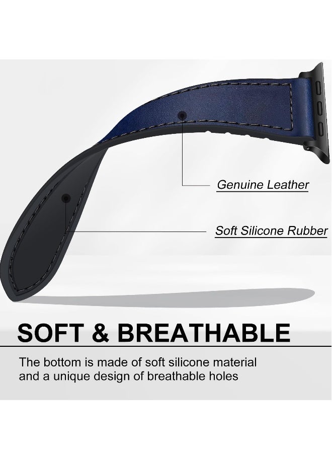 Magnetic Leather Watch Band for Apple Watch Ultra 49mm, 45mm, 44mm, 42mm, Genuine Leather Strap with Magnetic Buckle for Apple Watch Ultra 2 9 8 7 Series, Blue