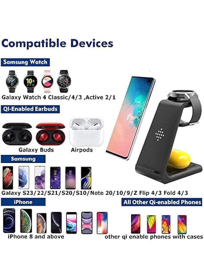 Wireless Charger for Samsung,3 in 1 Wireless Charging Station for Multiple Devices Samsung Android Qi Stand for Galaxy Watch 4 Classic/3/Active2/Gear S3,Galaxy S23/S22 Ultra/S21/S20/S10/Z Fold 3
