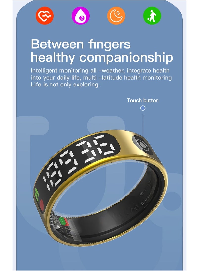 SR09 Fitness Ring, Gesture Control Ultra Thin Smart Ring With Sleep Monitor, IP68 Waterproof Activity Tracker With Digital Display, Smart Health Monitoring Ring For Women And Men, (Gold)