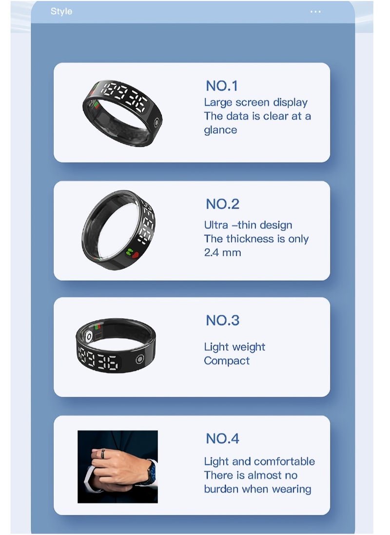 SR09 Fitness Ring, Gesture Control Ultra Thin Smart Ring With Sleep Monitor, IP68 Waterproof Activity Tracker With Digital Display, Smart Health Monitoring Ring For Women And Men, (Black)