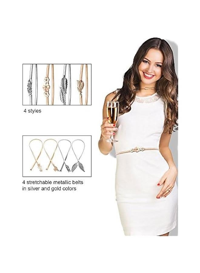 4 Pieces Women Elastic Waist Belt Stretch Metal Dress Belt for Women, Silver and Gold