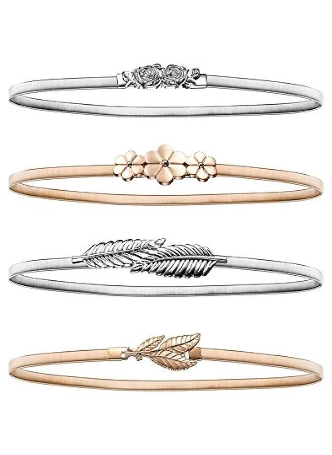 4 Pieces Women Elastic Waist Belt Stretch Metal Dress Belt for Women, Silver and Gold