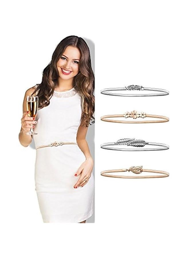 4 Pieces Women Elastic Waist Belt Stretch Metal Dress Belt for Women, Silver and Gold