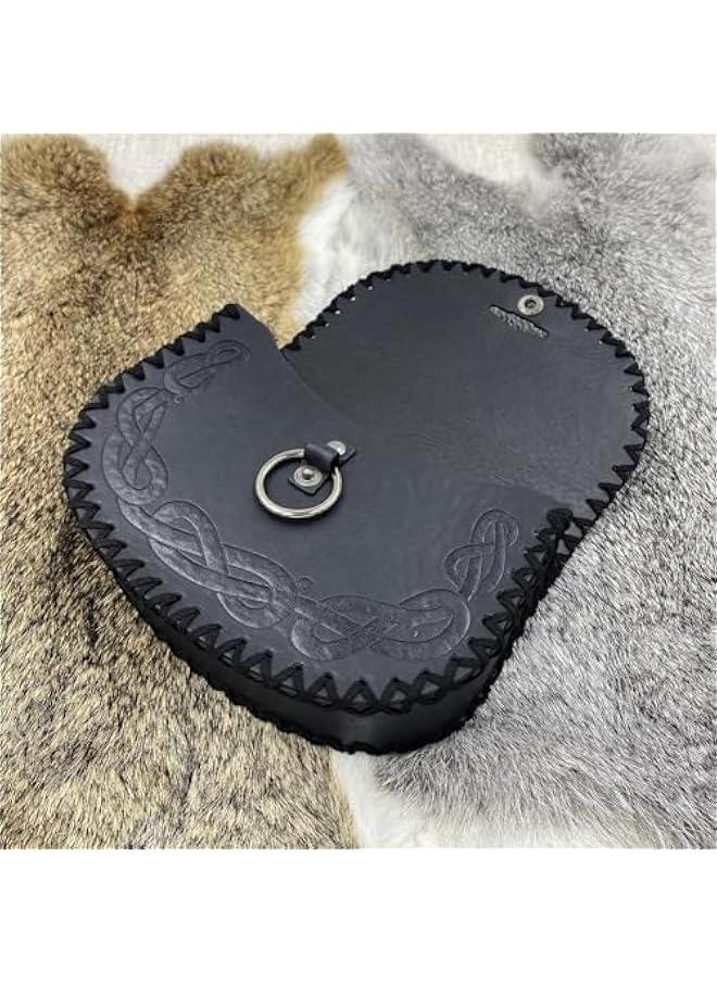 Medieval Embossed O Ring Belt with Viking Embossed Belt Bag, Vintage Faux Leather Belt and Belt Pouch Set for LARP (Black B)