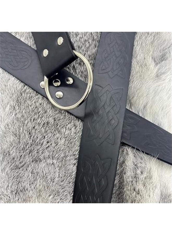 Medieval Embossed O Ring Belt with Viking Embossed Belt Bag, Vintage Faux Leather Belt and Belt Pouch Set for LARP (Black B)