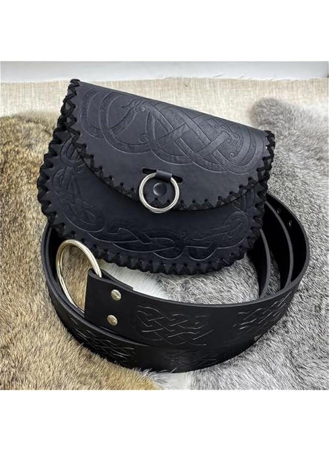 Medieval Embossed O Ring Belt with Viking Embossed Belt Bag, Vintage Faux Leather Belt and Belt Pouch Set for LARP (Black B)