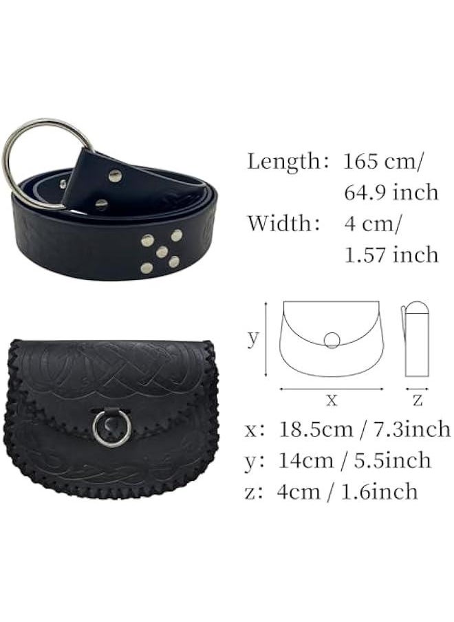 Medieval Embossed O Ring Belt with Viking Embossed Belt Bag, Vintage Faux Leather Belt and Belt Pouch Set for LARP (Black B)