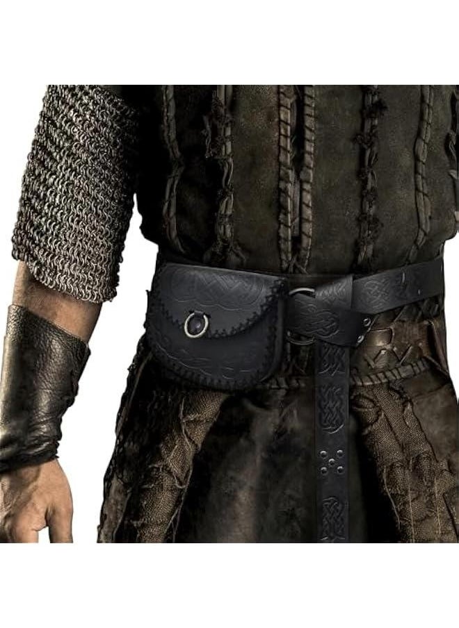 Medieval Embossed O Ring Belt with Viking Embossed Belt Bag, Vintage Faux Leather Belt and Belt Pouch Set for LARP (Black B)