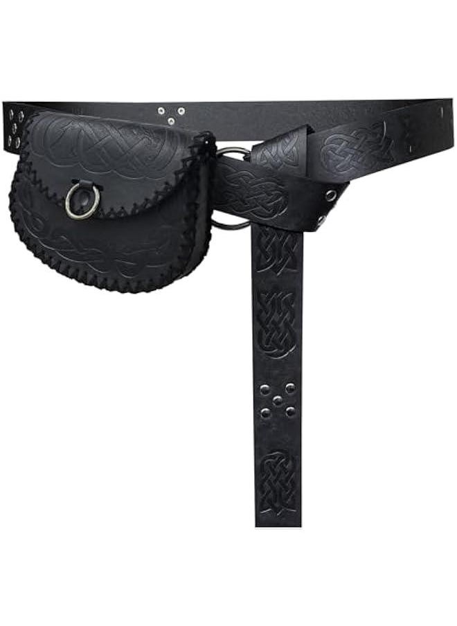 Medieval Embossed O Ring Belt with Viking Embossed Belt Bag, Vintage Faux Leather Belt and Belt Pouch Set for LARP (Black B)