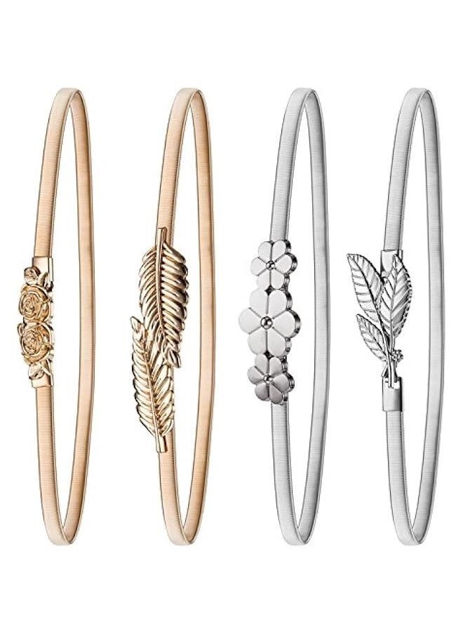 4 Pieces Women Elastic Waist Belt Stretch Metal Dress Belt for Women, Silver and Gold