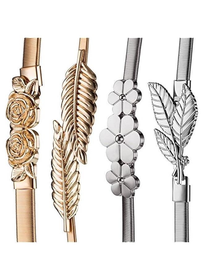4 Pieces Women Elastic Waist Belt Stretch Metal Dress Belt for Women, Silver and Gold