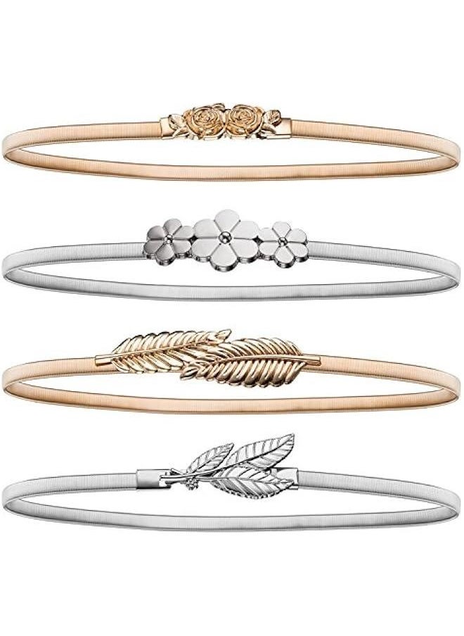 4 Pieces Women Elastic Waist Belt Stretch Metal Dress Belt for Women, Silver and Gold