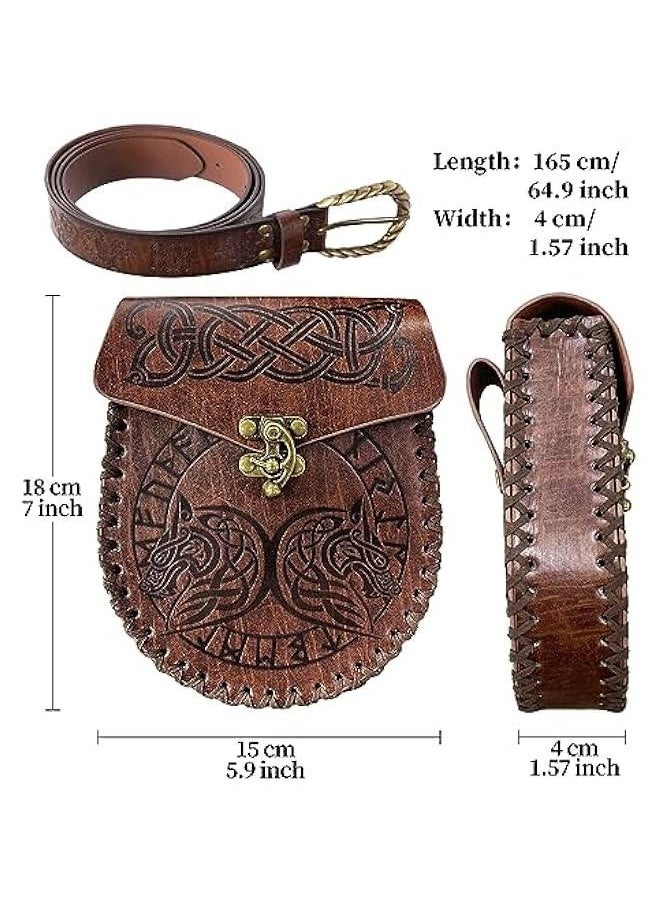 Viking Fenrir Embossed Buckle Belt with Nordic Embossed Belt Bag, Vintage Faux Leather Belt and Belt Pouch Set for LARP (Brown C)