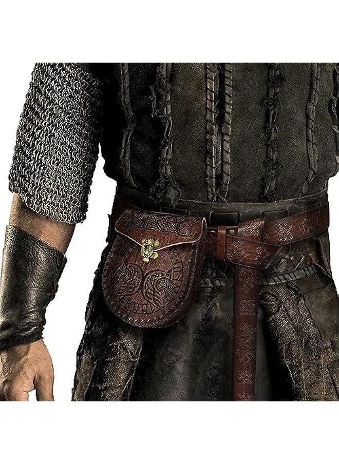 Viking Fenrir Embossed Buckle Belt with Nordic Embossed Belt Bag, Vintage Faux Leather Belt and Belt Pouch Set for LARP (Brown C)