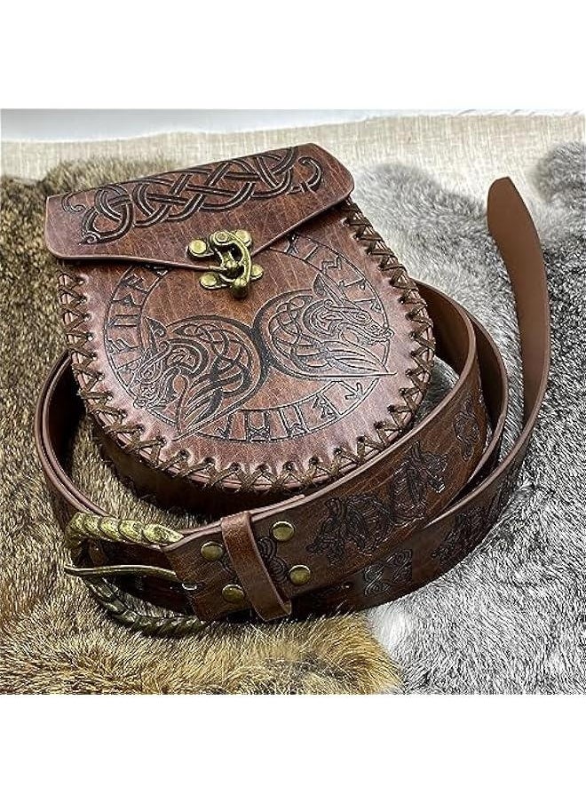 Viking Fenrir Embossed Buckle Belt with Nordic Embossed Belt Bag, Vintage Faux Leather Belt and Belt Pouch Set for LARP (Brown C)