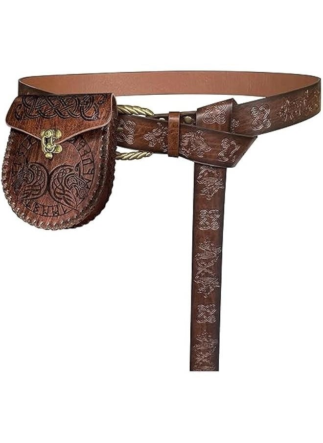 Viking Fenrir Embossed Buckle Belt with Nordic Embossed Belt Bag, Vintage Faux Leather Belt and Belt Pouch Set for LARP (Brown C)