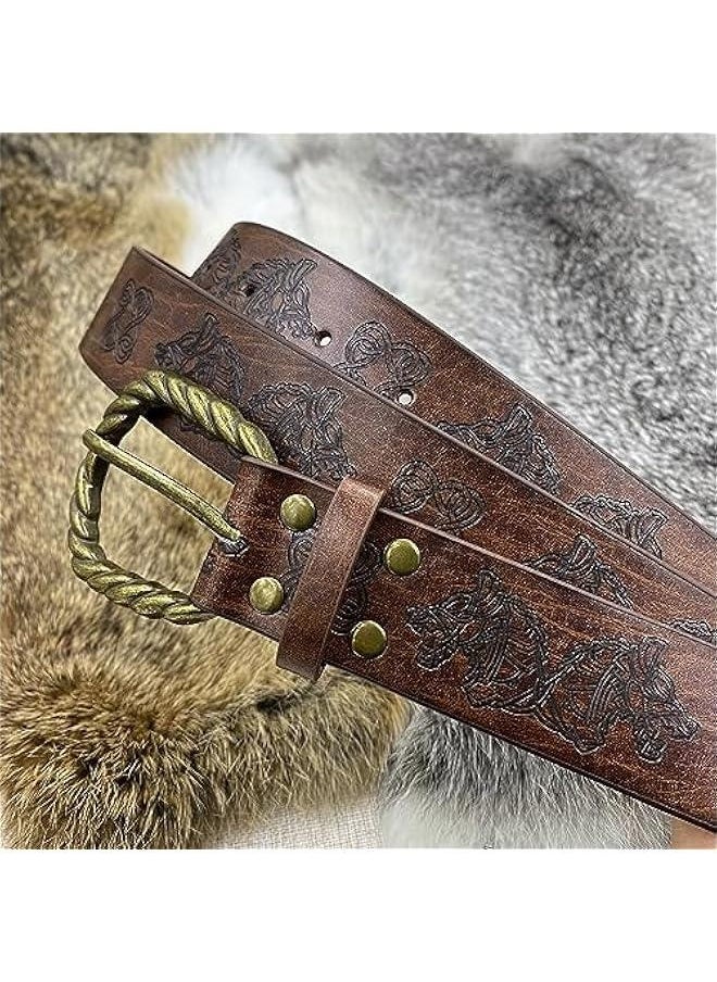 Viking Fenrir Embossed Buckle Belt with Nordic Embossed Belt Bag, Vintage Faux Leather Belt and Belt Pouch Set for LARP (Brown C)