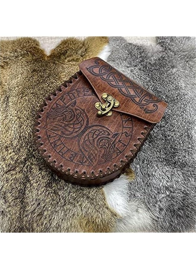Viking Fenrir Embossed Buckle Belt with Nordic Embossed Belt Bag, Vintage Faux Leather Belt and Belt Pouch Set for LARP (Brown C)