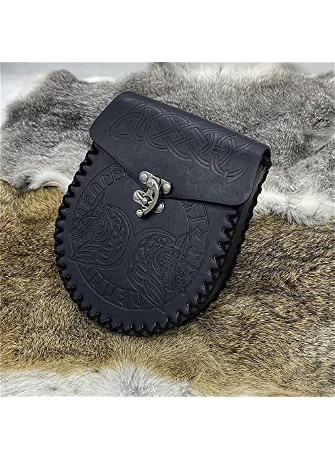 Viking Fenrir Embossed Buckle Belt with Nordic Embossed Belt Bag, Vintage Faux Leather Belt and Belt Pouch Set for LARP (Black C)