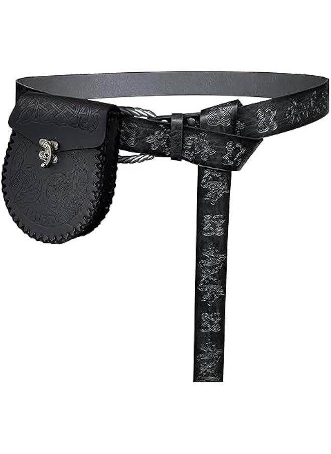 Viking Fenrir Embossed Buckle Belt with Nordic Embossed Belt Bag, Vintage Faux Leather Belt and Belt Pouch Set for LARP (Black C)