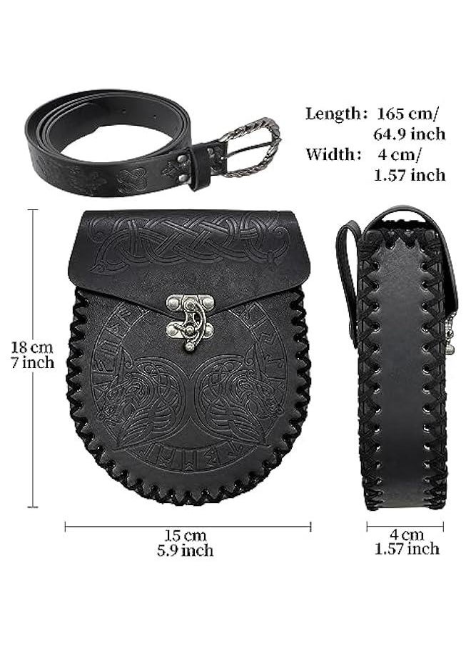 Viking Fenrir Embossed Buckle Belt with Nordic Embossed Belt Bag, Vintage Faux Leather Belt and Belt Pouch Set for LARP (Black C)