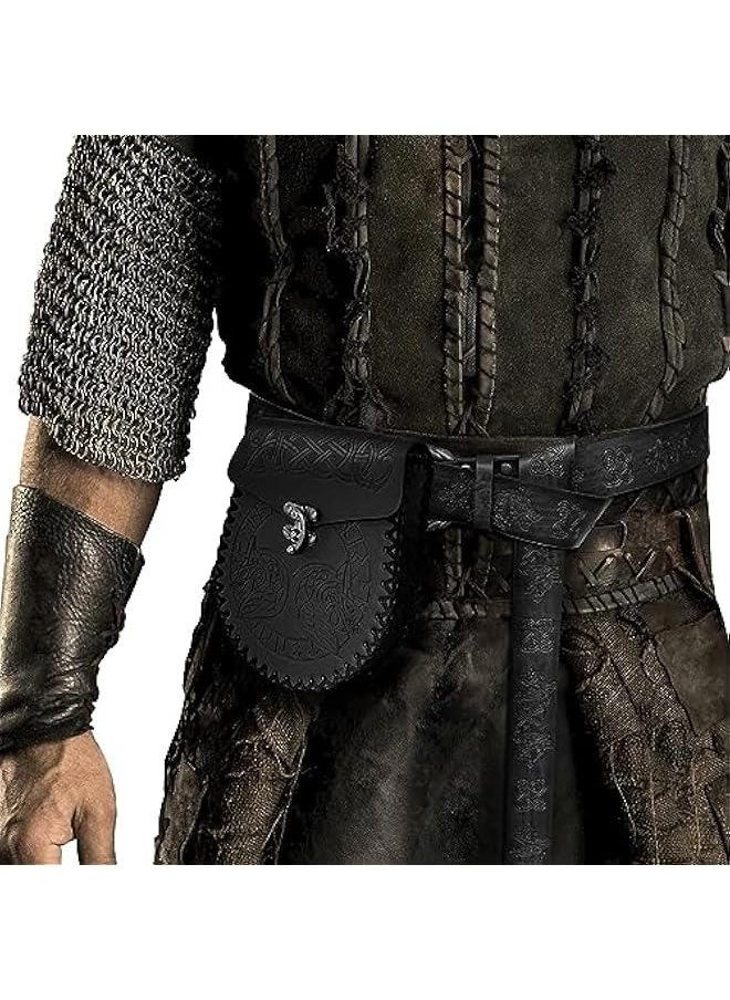 Viking Fenrir Embossed Buckle Belt with Nordic Embossed Belt Bag, Vintage Faux Leather Belt and Belt Pouch Set for LARP (Black C)