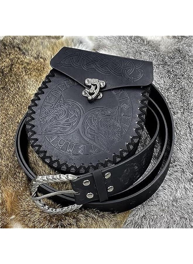 Viking Fenrir Embossed Buckle Belt with Nordic Embossed Belt Bag, Vintage Faux Leather Belt and Belt Pouch Set for LARP (Black C)