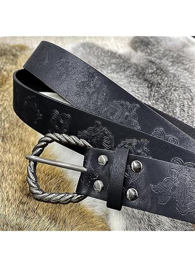 Viking Fenrir Embossed Buckle Belt with Nordic Embossed Belt Bag, Vintage Faux Leather Belt and Belt Pouch Set for LARP (Black C)