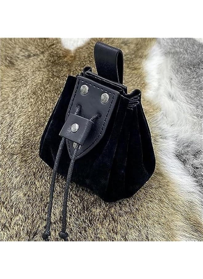Medieval O Ring Belt with Vintage Medieval Drawstring Pouch and Rivets Belt bag, Retro Renaissance Faux Leather Belt and Coin Purse Set for Ren Faire (Black D)