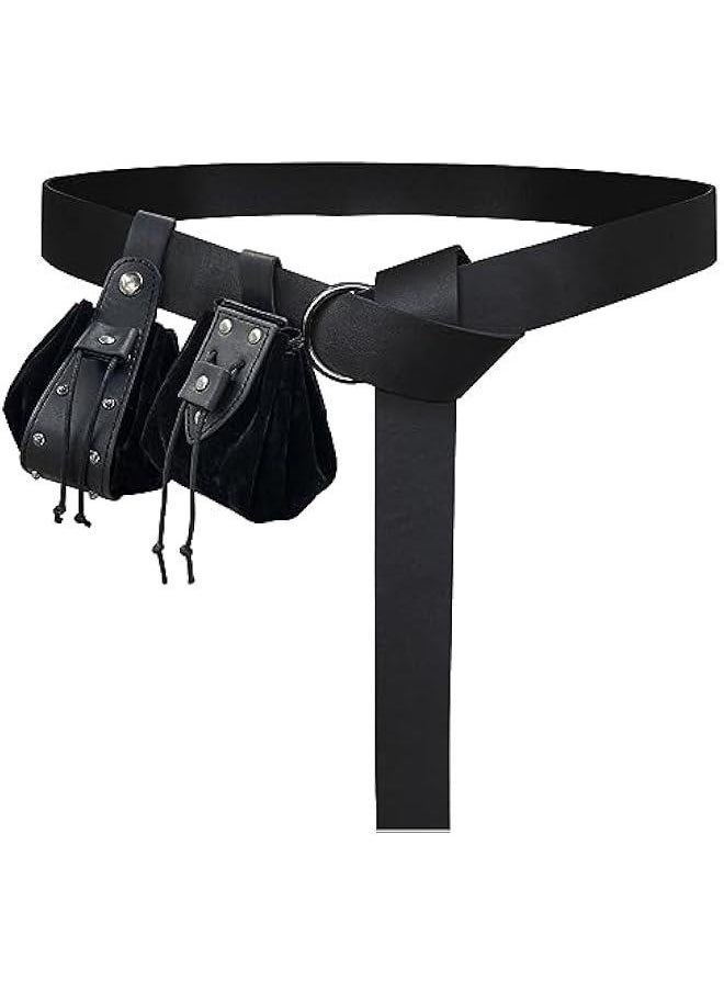 Medieval O Ring Belt with Vintage Medieval Drawstring Pouch and Rivets Belt bag, Retro Renaissance Faux Leather Belt and Coin Purse Set for Ren Faire (Black D)