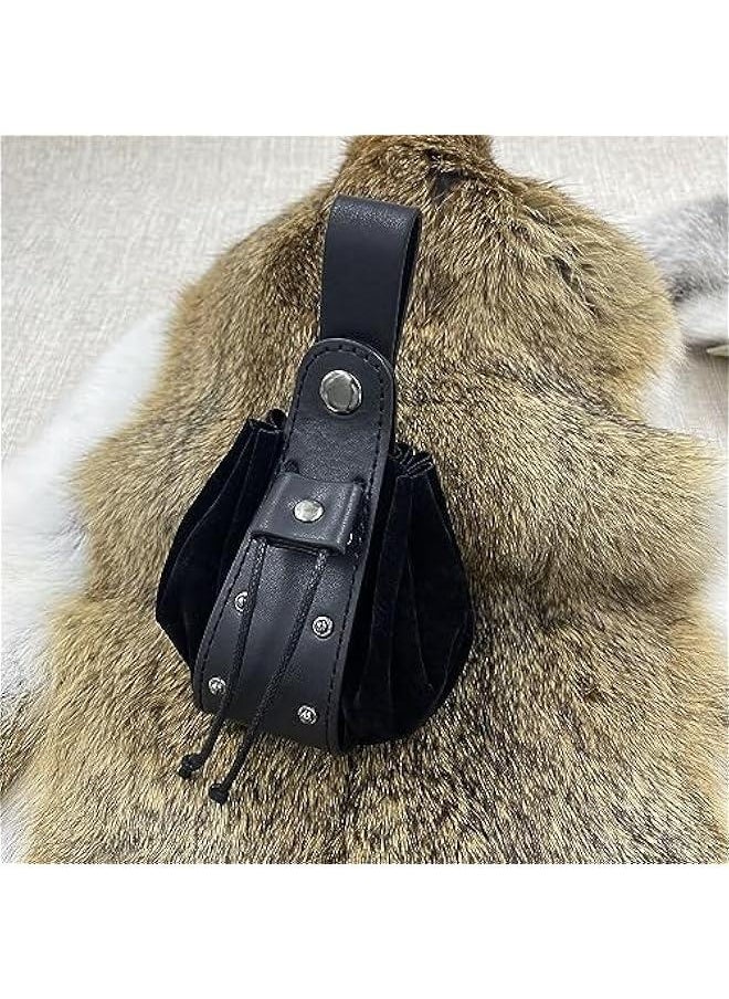 Medieval O Ring Belt with Vintage Medieval Drawstring Pouch and Rivets Belt bag, Retro Renaissance Faux Leather Belt and Coin Purse Set for Ren Faire (Black D)