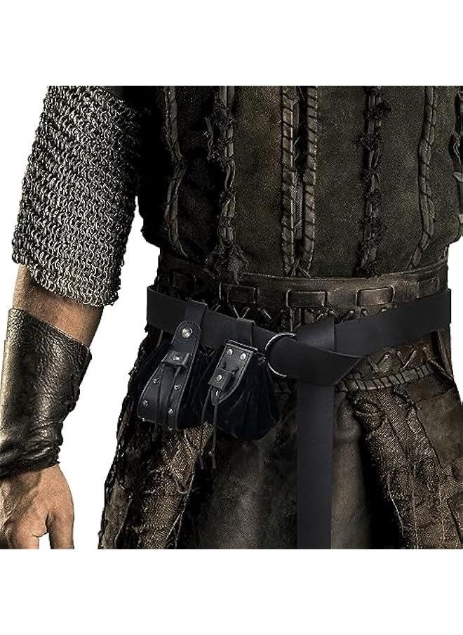 Medieval O Ring Belt with Vintage Medieval Drawstring Pouch and Rivets Belt bag, Retro Renaissance Faux Leather Belt and Coin Purse Set for Ren Faire (Black D)