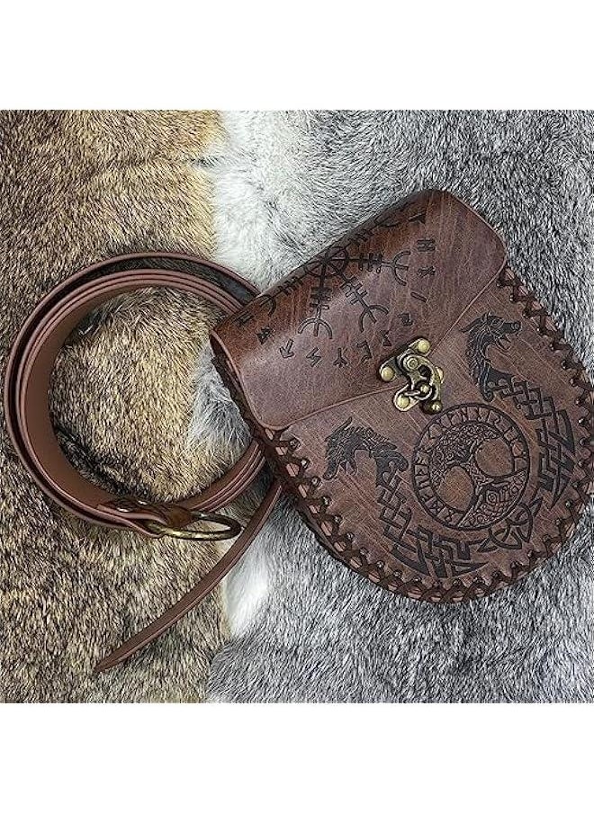 Medieval Embossed O Ring Belt with Nordic Embossed Belt Bag, Vintage Faux Leather Belt and Belt Pouch Set for LARP (Brown A)