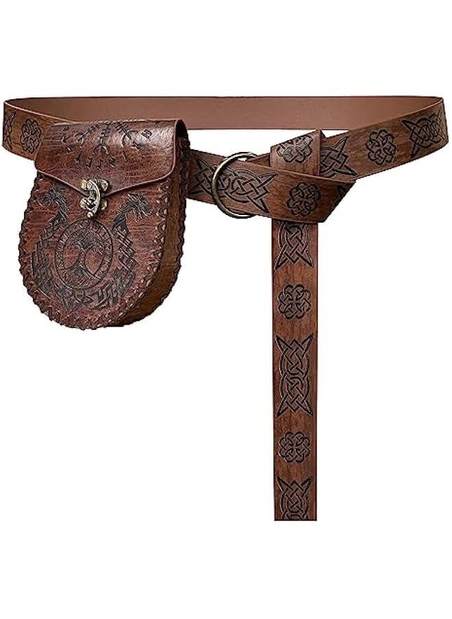 Medieval Embossed O Ring Belt with Nordic Embossed Belt Bag, Vintage Faux Leather Belt and Belt Pouch Set for LARP (Brown A)