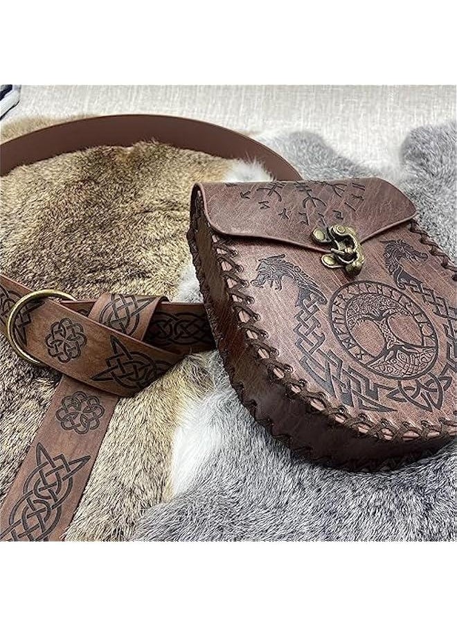 Medieval Embossed O Ring Belt with Nordic Embossed Belt Bag, Vintage Faux Leather Belt and Belt Pouch Set for LARP (Brown A)