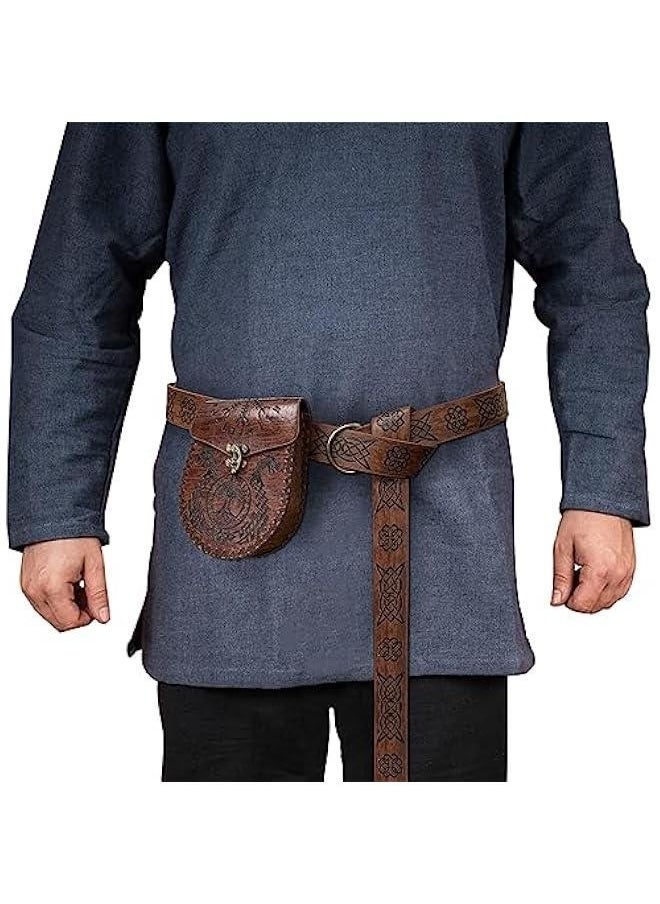 Medieval Embossed O Ring Belt with Nordic Embossed Belt Bag, Vintage Faux Leather Belt and Belt Pouch Set for LARP (Brown A)