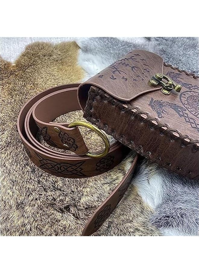 Medieval Embossed O Ring Belt with Nordic Embossed Belt Bag, Vintage Faux Leather Belt and Belt Pouch Set for LARP (Brown A)