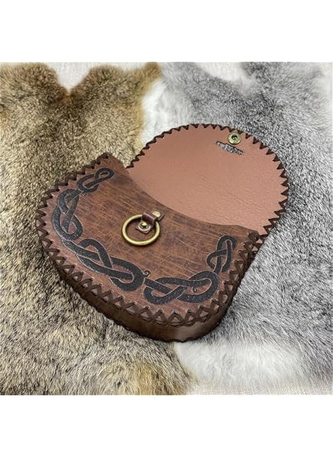 Medieval Embossed O Ring Belt with Viking Embossed Belt Bag, Vintage Faux Leather Belt and Belt Pouch Set for LARP (Brown B)