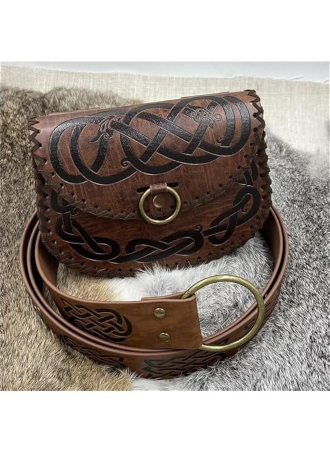 Medieval Embossed O Ring Belt with Viking Embossed Belt Bag, Vintage Faux Leather Belt and Belt Pouch Set for LARP (Brown B)
