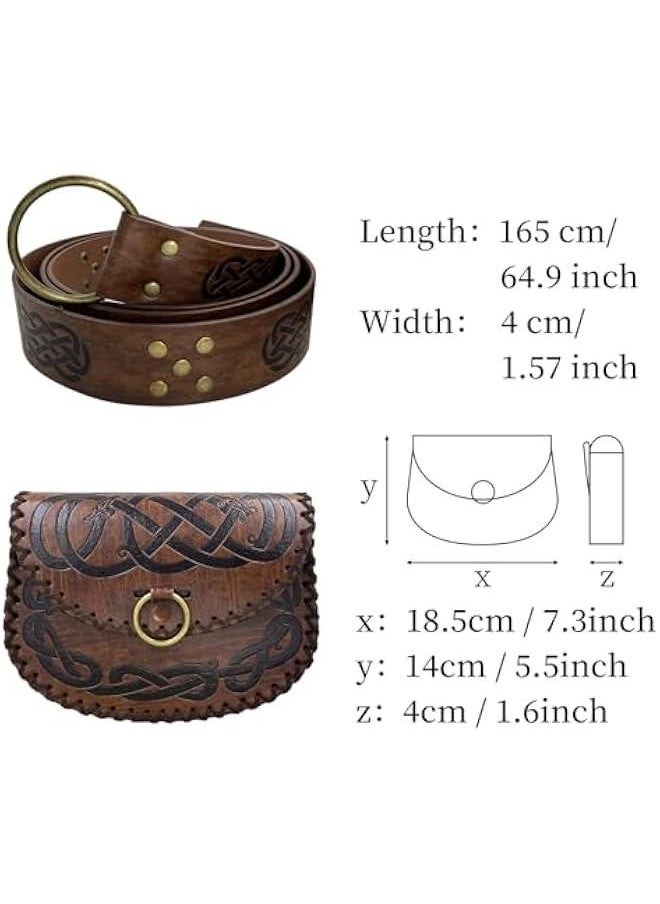 Medieval Embossed O Ring Belt with Viking Embossed Belt Bag, Vintage Faux Leather Belt and Belt Pouch Set for LARP (Brown B)